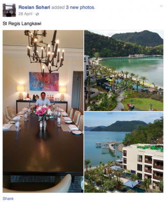 Roslan uploads pictures of himself at the swanky St Regis hotel in Langkawi