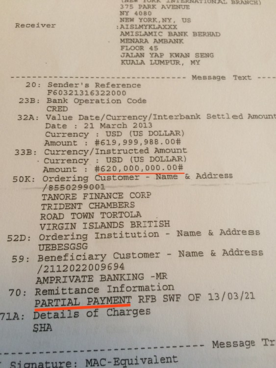 First tranche from Falcon Bank (owned by Aabar) arrived on 21st March 2013 as a partial PAYMENT