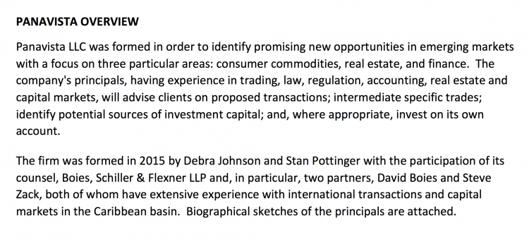 Panavista places itself as an "intermediary" for investors..
