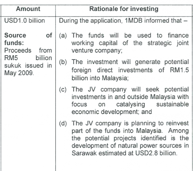 The regulatory authorities at the Bank Negara Malaysia were told all the original 1 billion of 1MDB's money was being spent by the JV on investments that would bring 'direct foreign investment' into Malaysia. In fact $700 million went straight to Jho Low's company