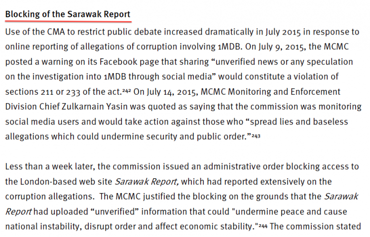Amongst other cases, Human Rights Watch highlight the use of arbitrary laws against Sarawak Report