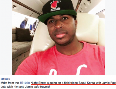Jamie Foxx is meant to be sworn to secrecy, but here is the give away as he flies by private jet, courtesy of friend Jho, to South Korea with a gushing Night Show team in tow