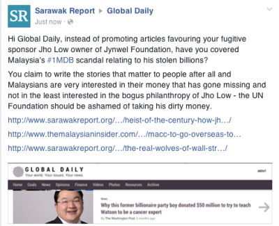 Ba bulan Disember tu tadi Sarawak Report udah meri tuduh penemu ngagai Global Daily ti madahka pengawa sida ti ngangkatka pemanah nama enggau pengawa Jho Low nya deka ngujungka sida napi jaku kutuk ari rayat Malaysia