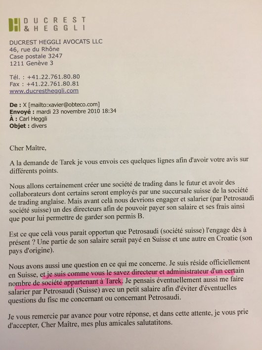 Email from Xavier to Tarek's lawyers