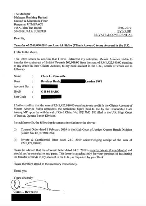 Covering letter to bank. Personal details redacted