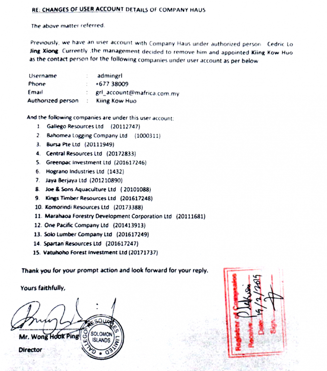 Letter filed by Gallego Resources with the SBR in 2019