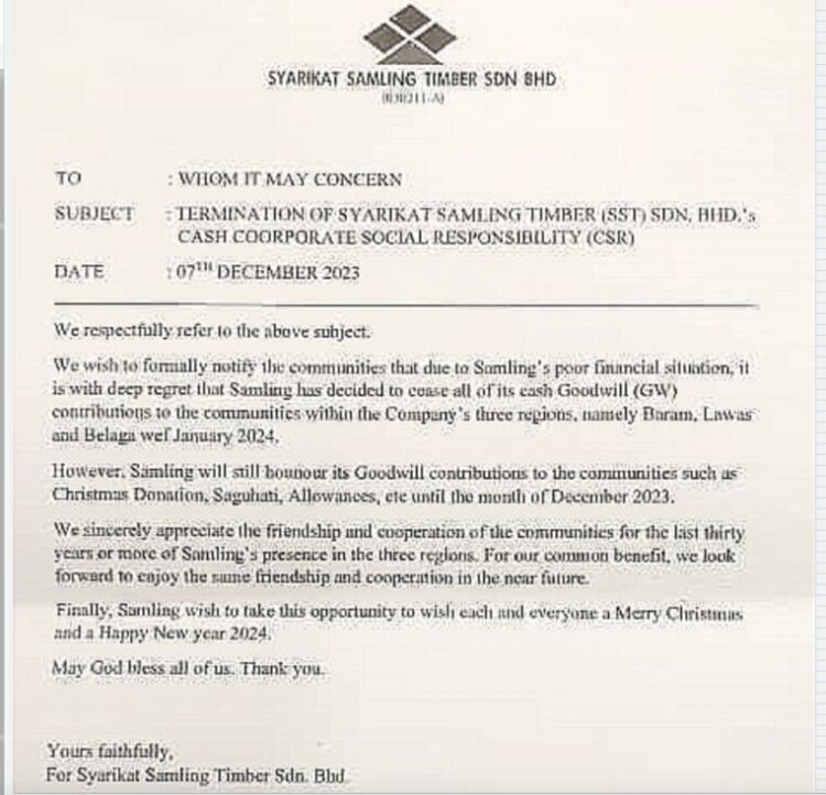 Letter addressed by Samling to Forest Communities in their logging concessions this Christmas